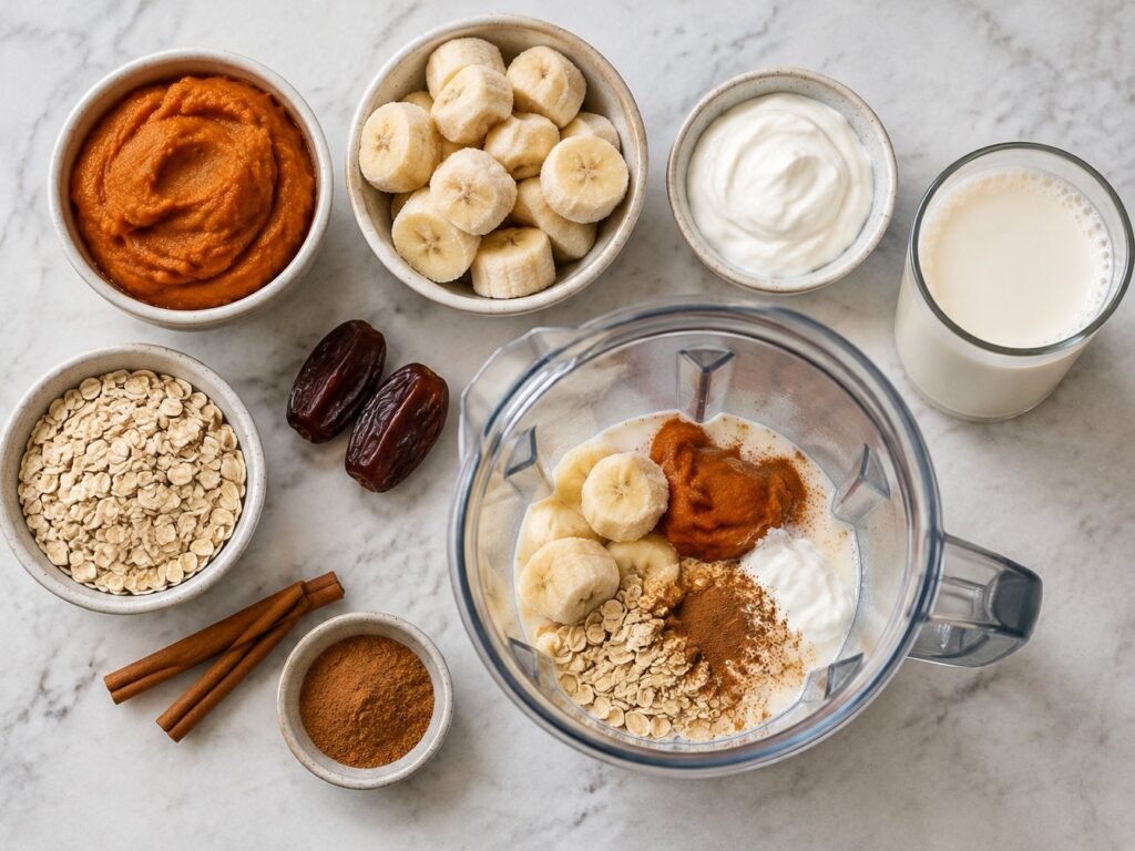 Ingredientes del smoothie de calabaza: puré de calabaza, plátano congelado, yogur griego, leche, avena, dátiles y canela junto a licuadora
