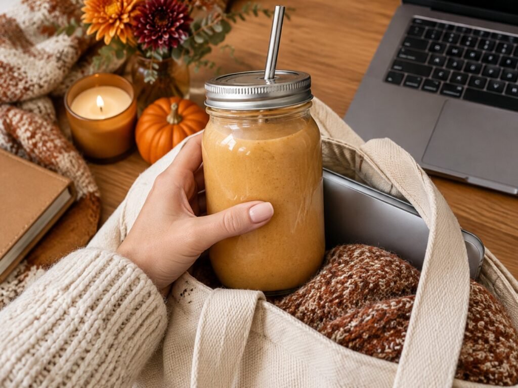 Smoothie de calabaza y plátano en frasco de vidrio con popote sobre escritorio, desayuno saludable para llevar en otoño