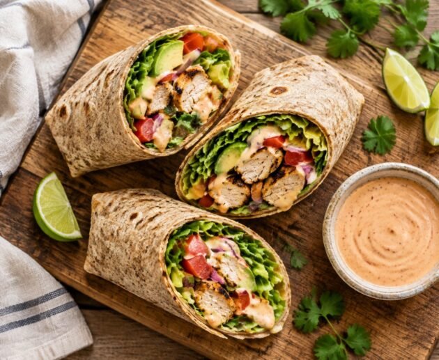 Wraps de pollo con tortilla integral, lechuga, jitomate y aguacate cortados a la mitad junto a un bowl de aderezo de yogur y chipotle