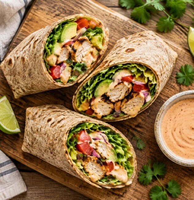 Wraps de pollo con tortilla integral, lechuga, jitomate y aguacate cortados a la mitad junto a un bowl de aderezo de yogur y chipotle