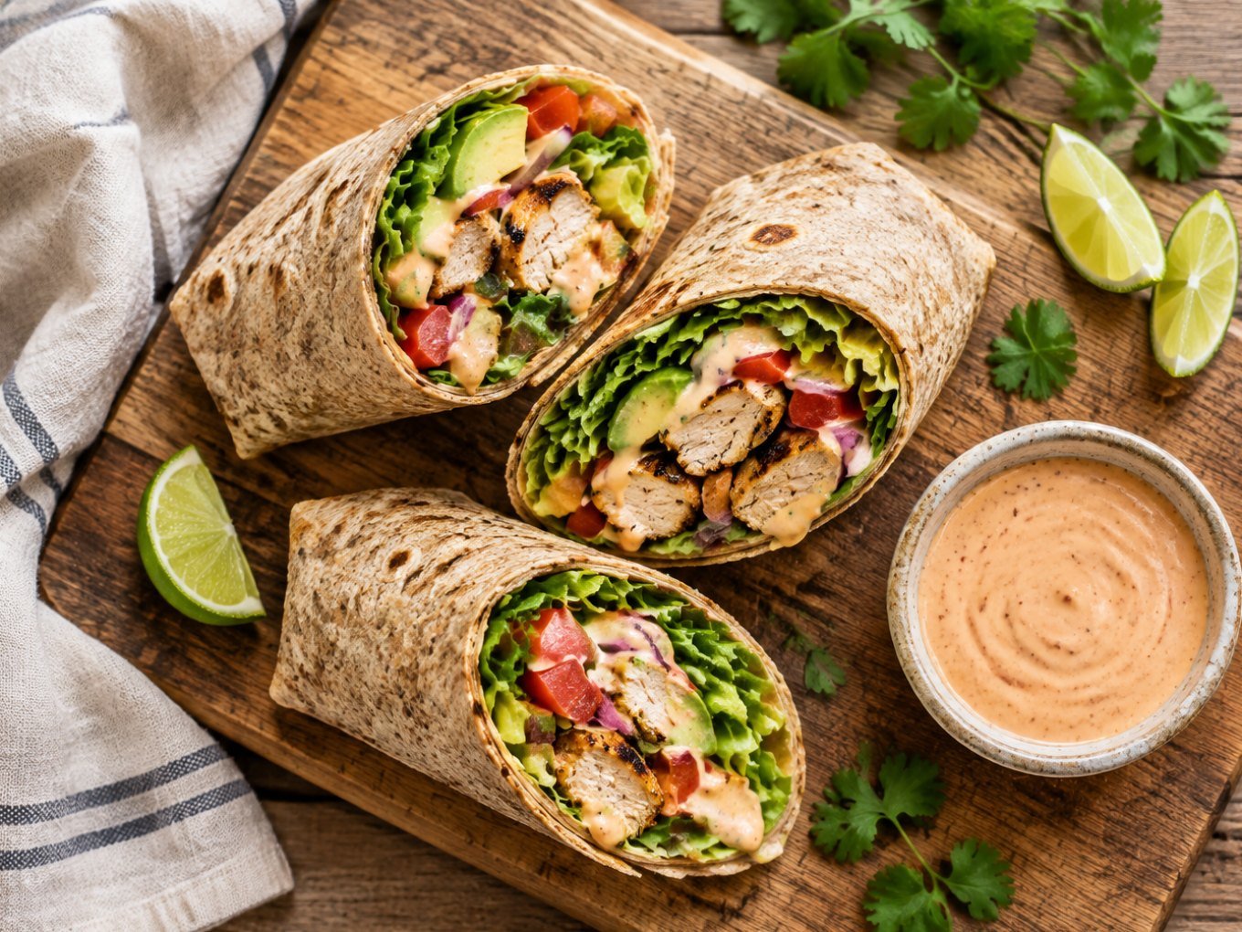 Wraps de pollo con tortilla integral, lechuga, jitomate y aguacate cortados a la mitad junto a un bowl de aderezo de yogur y chipotle
