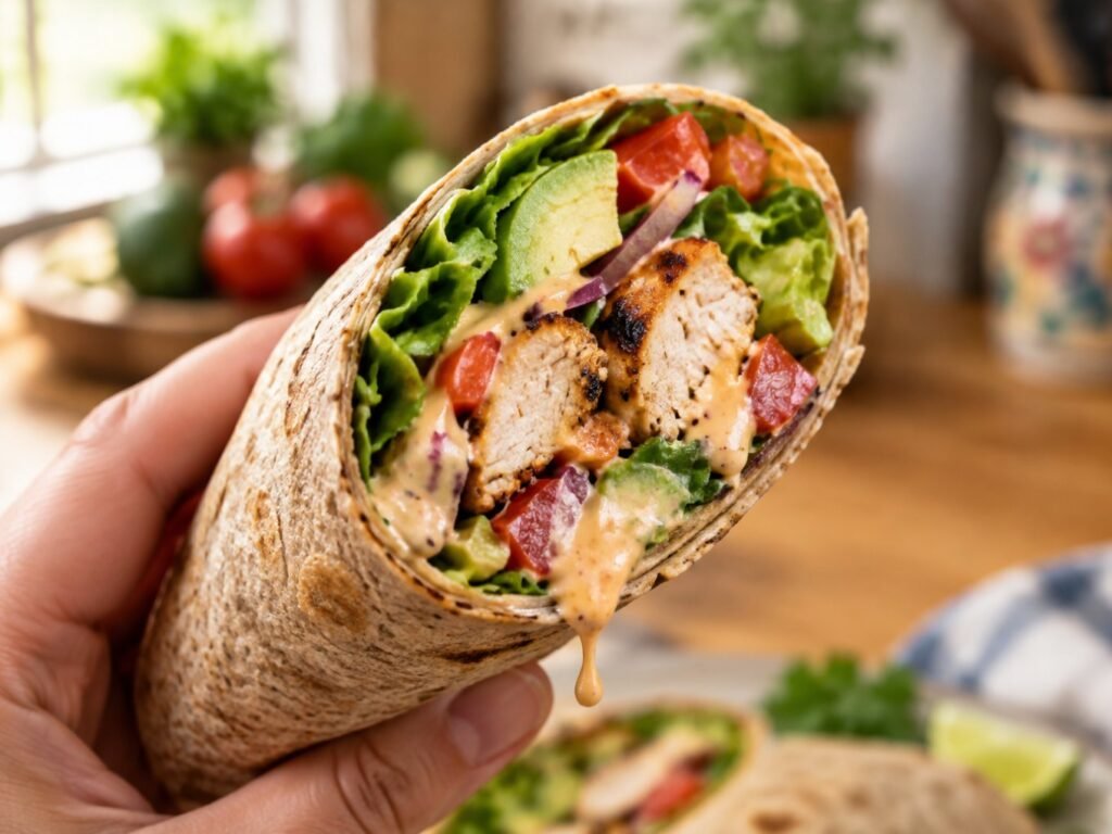 Mano sosteniendo un wrap de pollo con aderezo de chipotle cortado a la mitad mostrando el relleno de pollo, aguacate y verduras