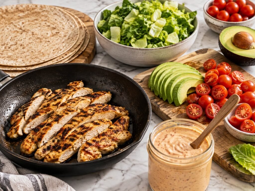 Ingredientes para wraps de pollo: tiras de pollo a la plancha en sartén, tortillas integrales, lechuga, aguacate, jitomate cherry y aderezo de chipotle