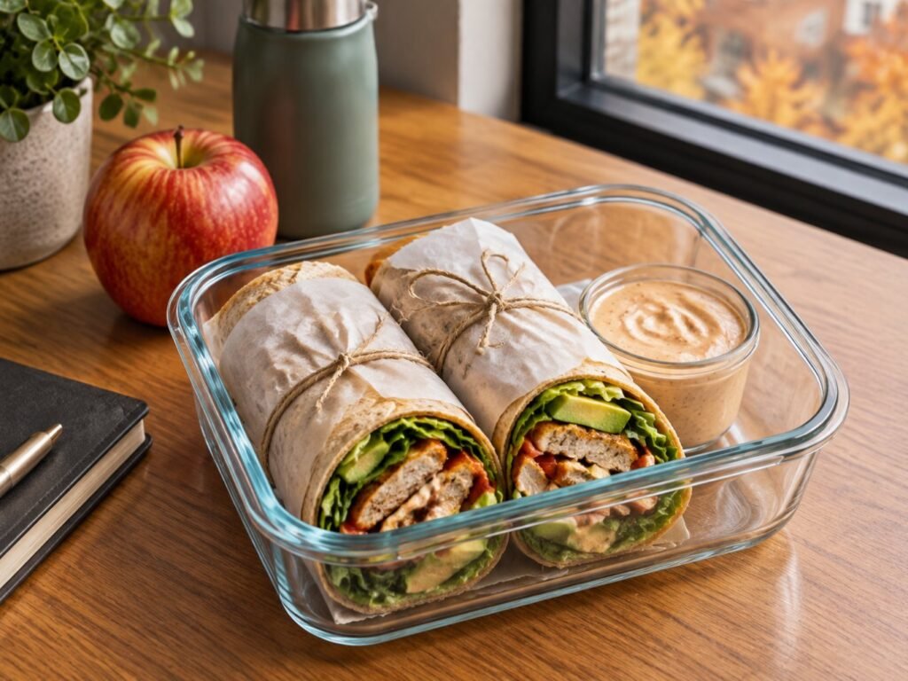 Wraps de pollo envueltos en papel encerado dentro de un recipiente de vidrio con aderezo de chipotle, listos para llevar a la oficina