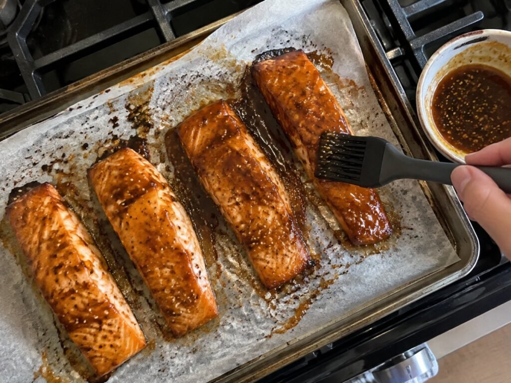 Mano barnizando filetes de salmón horneado con salsa teriyaki casera brillante en charola con papel para hornear, receta fácil y sana