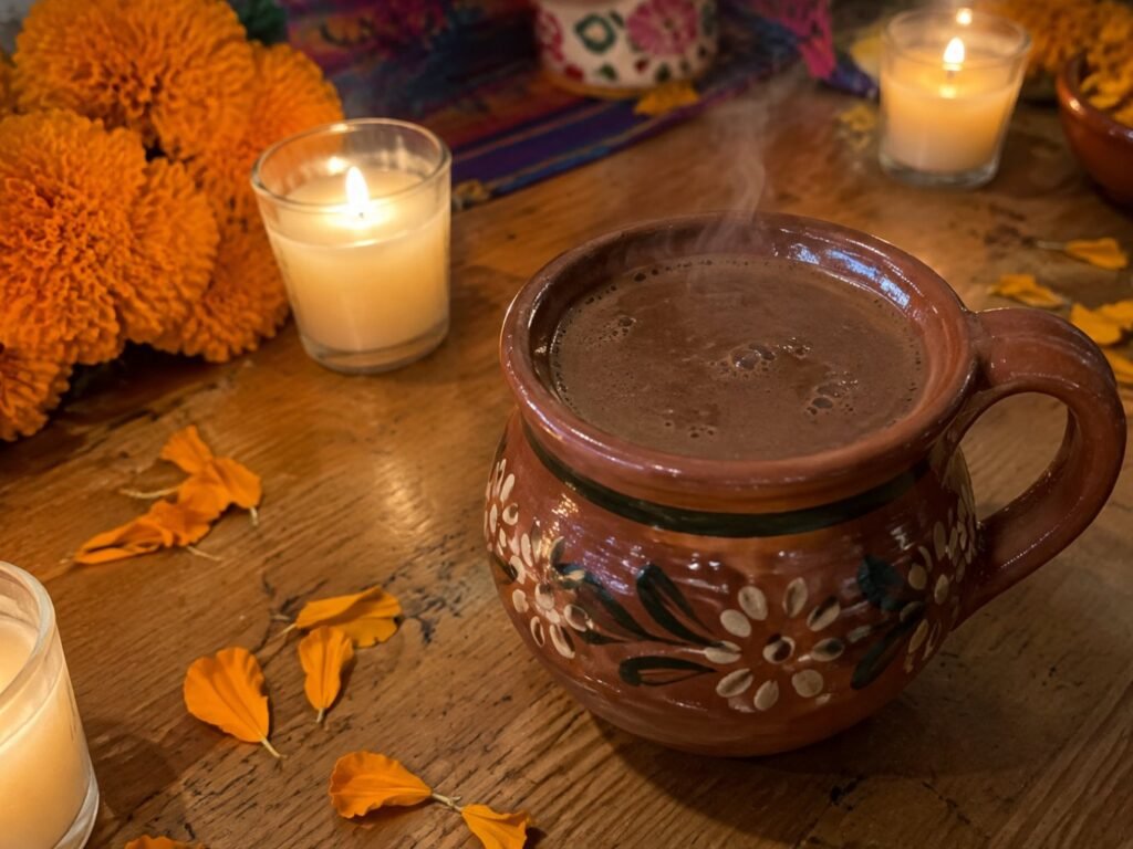 Jarrito de champurrado ligero humeante en mesa de Día de Muertos con veladoras encendidas y pétalos de cempasúchil naranja