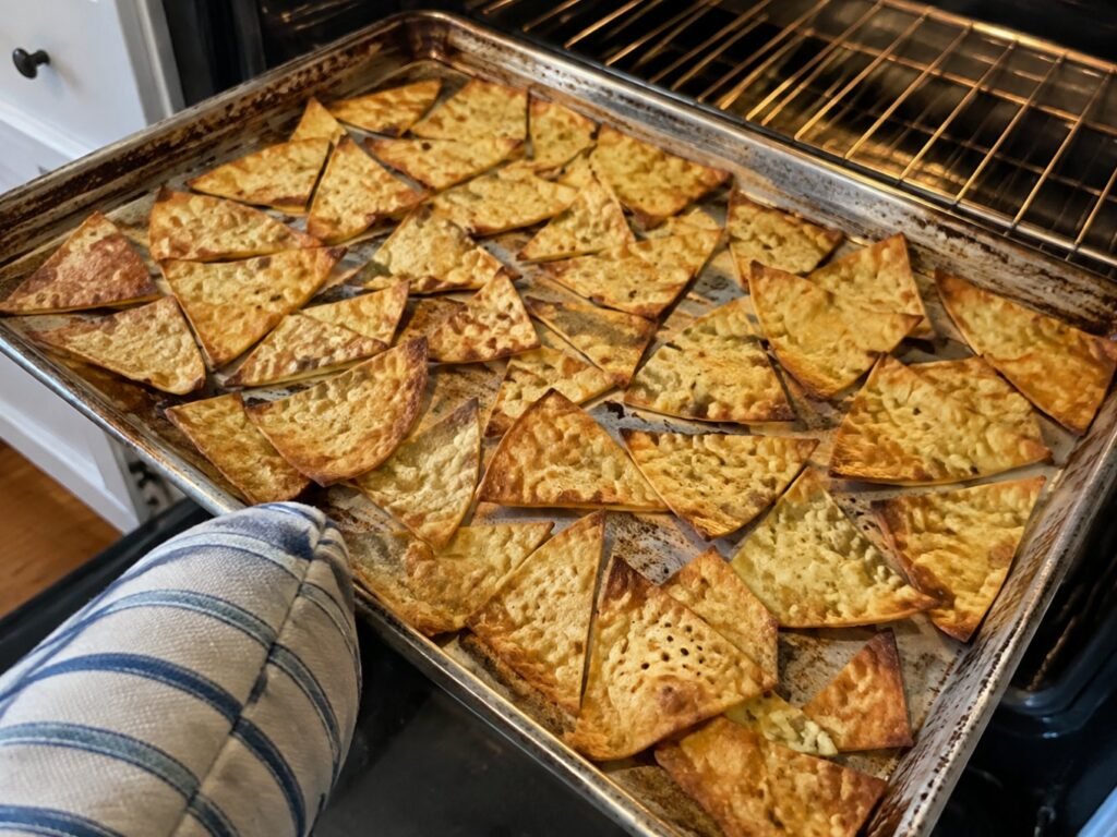 Charola recién salida del horno con totopos de tortilla de maíz horneados y dorados en una sola capa para chilaquiles saludables