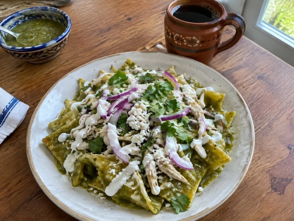 Mesa de desayuno de domingo con plato de chilaquiles verdes con pollo, taza de café de olla y bowl de salsa verde extra