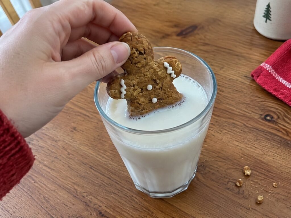 Mano mojando una galleta de jengibre y avena en un vaso de leche fría, galletas navideñas saludables endulzadas con miel