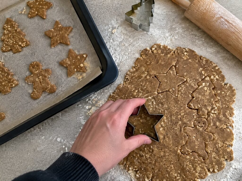 Mano cortando masa de galletas de jengibre y avena con molde de estrella sobre la barra, proceso de galletas navideñas caseras