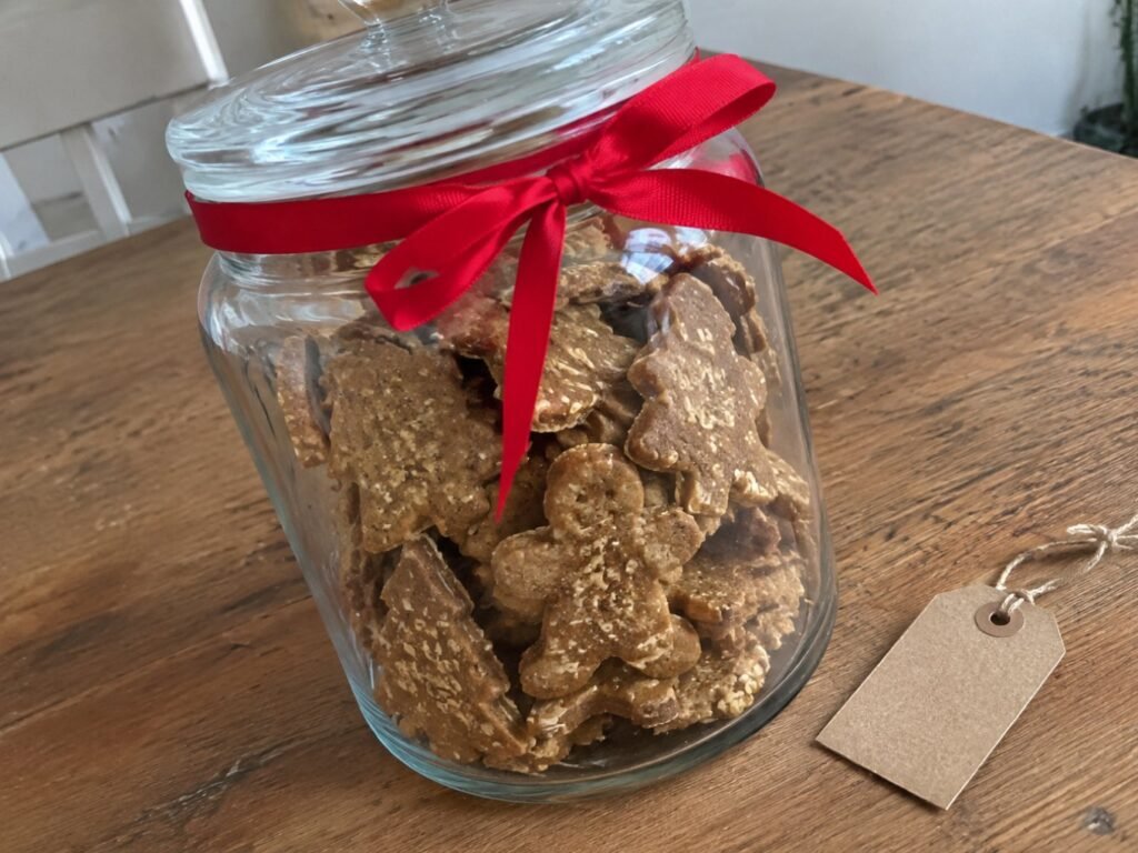 Galletas de jengibre con avena y miel dentro de un frasco de vidrio con moño rojo, regalo navideño casero, fácil y saludable
