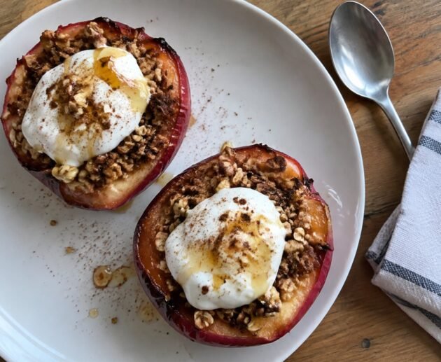 Manzanas asadas rellenas de avena, nuez y canela con yogur griego y miel en plato blanco, postre de otoño fácil y saludable