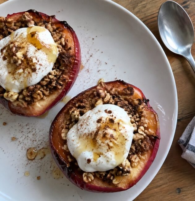 Manzanas asadas rellenas de avena, nuez y canela con yogur griego y miel en plato blanco, postre de otoño fácil y saludable