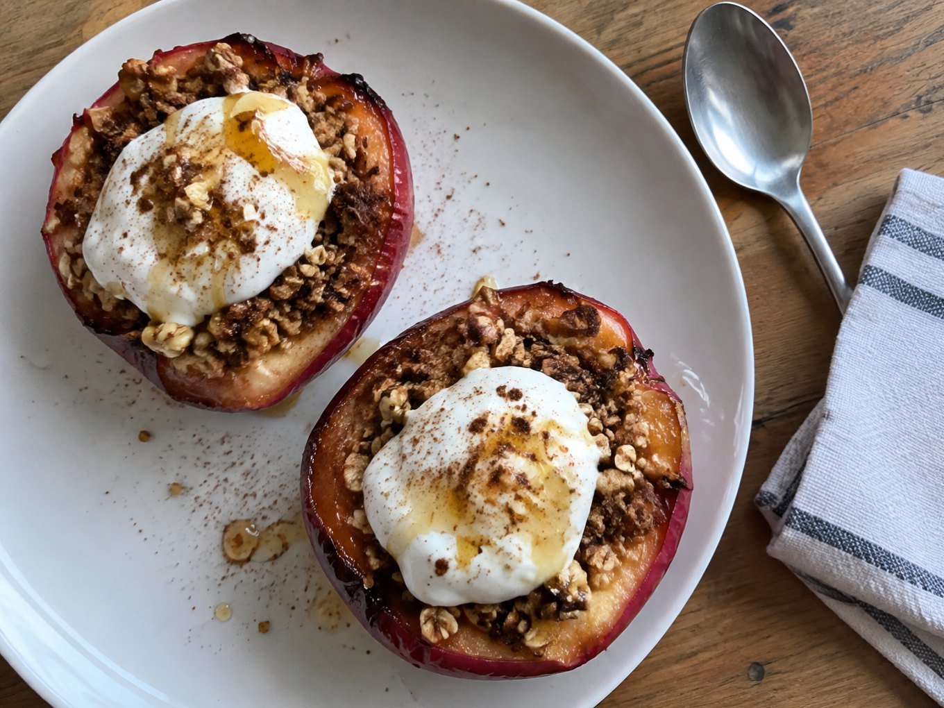 Manzanas asadas rellenas de avena, nuez y canela con yogur griego y miel en plato blanco, postre de otoño fácil y saludable