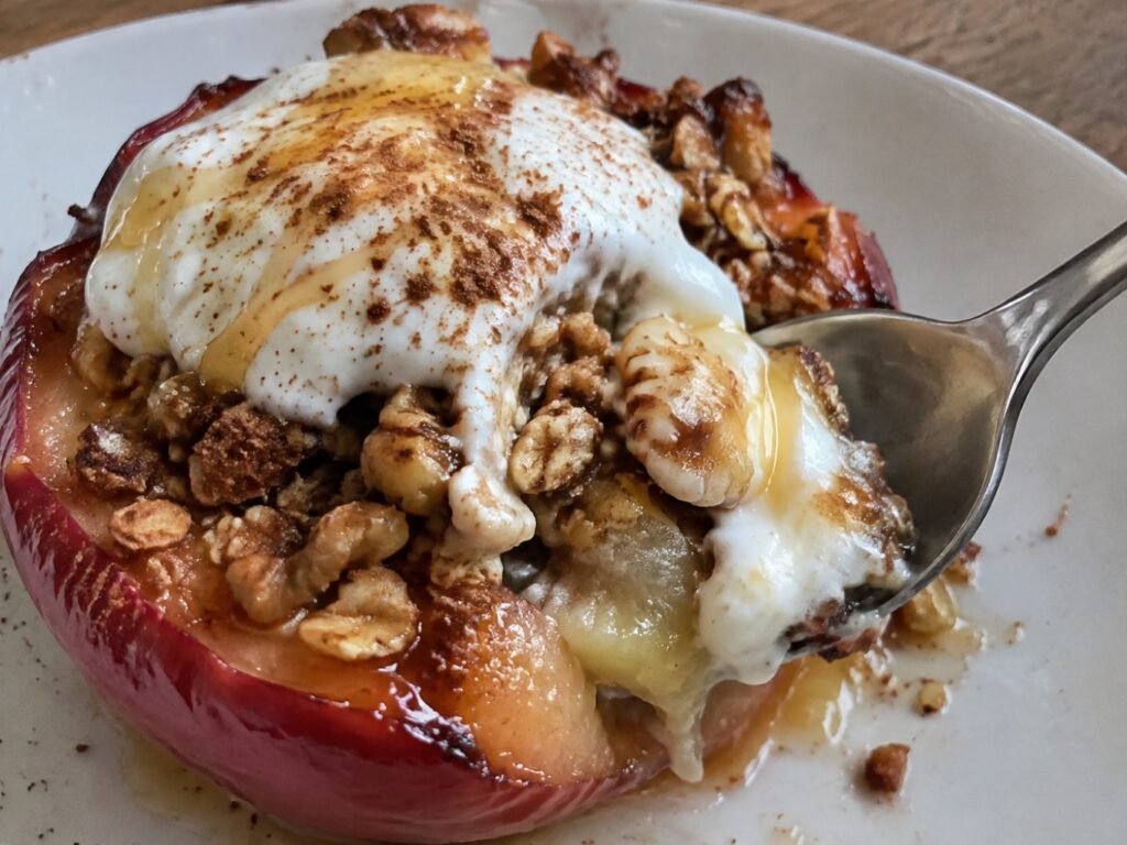 Cuchara tomando manzana asada suave y jugosa con crumble crujiente de avena y nuez y yogur griego, postre sin azúcar refinada