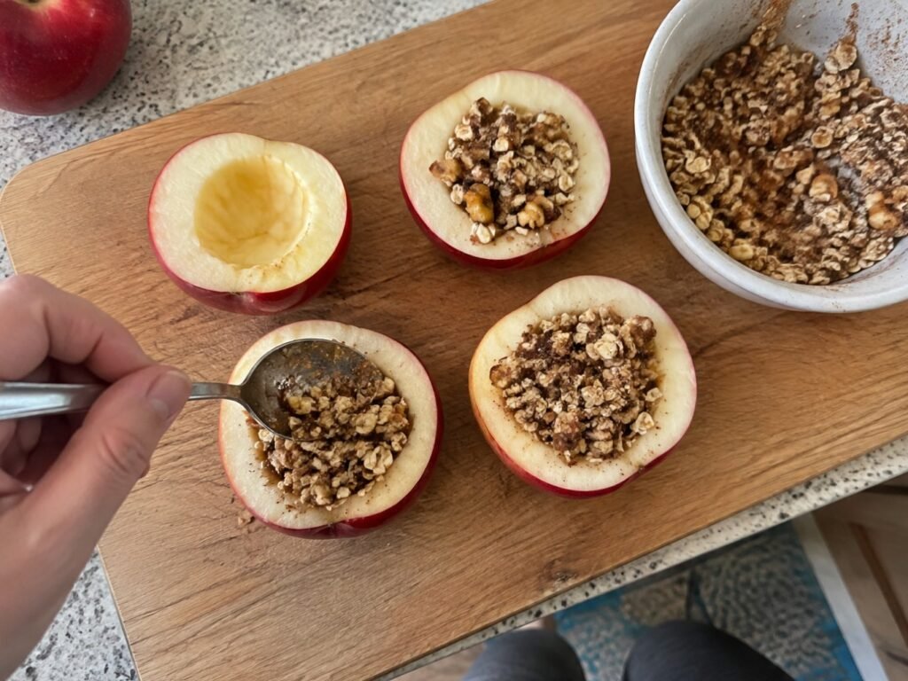 Mano rellenando mitades de manzana roja con mezcla de avena, nuez picada y canela sobre tabla de madera, paso a paso fácil
