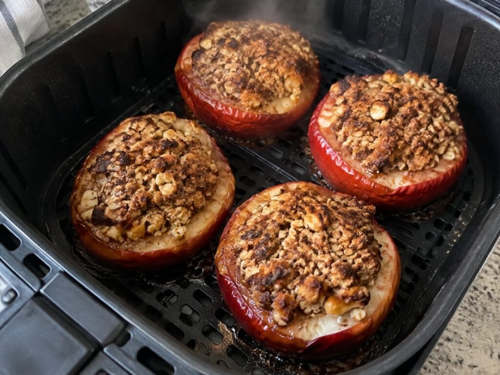 Canasta de air fryer con cuatro manzanas asadas rellenas de avena y nuez doradas y jugosas, receta saludable de otoño en 15 minutos