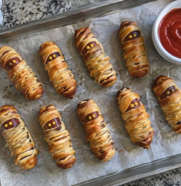 Momias de salchicha de pavo en masa integral doradas en charola con dip de jitomate, botana de Halloween fácil y saludable en air fryer