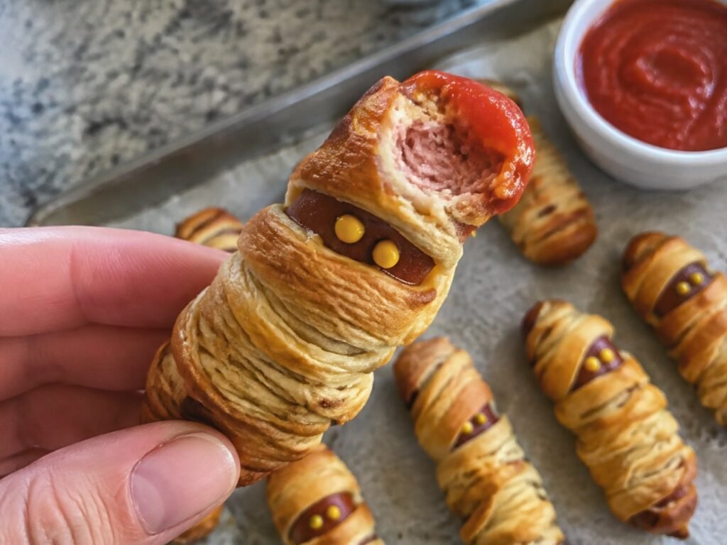 Mano sosteniendo una momia de salchicha de pavo mordida con masa integral esponjosa y dip de jitomate, snack saludable para Halloween