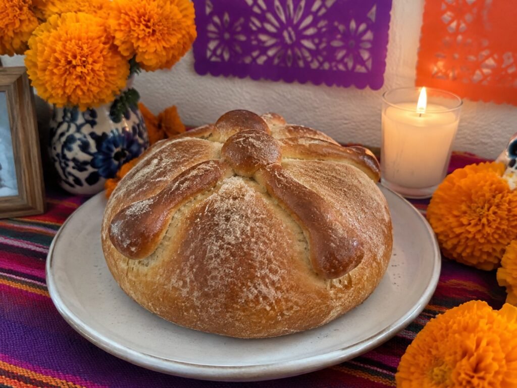 Pan de muerto integral casero sobre un plato en una ofrenda de Día de Muertos con flores de cempasúchil, vela y papel picado