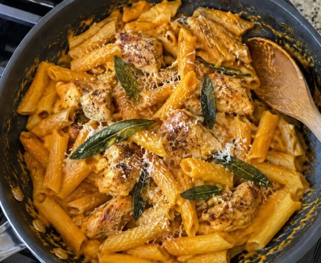 Pasta cremosa de calabaza y salvia con pollo dorado en sartén sobre la estufa, receta de pasta saludable y fácil para cena de otoño