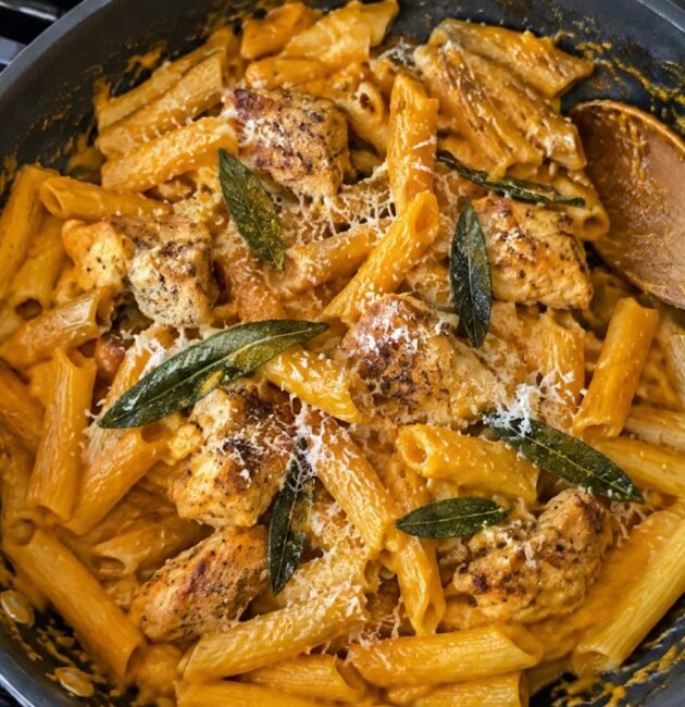 Pasta cremosa de calabaza y salvia con pollo dorado en sartén sobre la estufa, receta de pasta saludable y fácil para cena de otoño