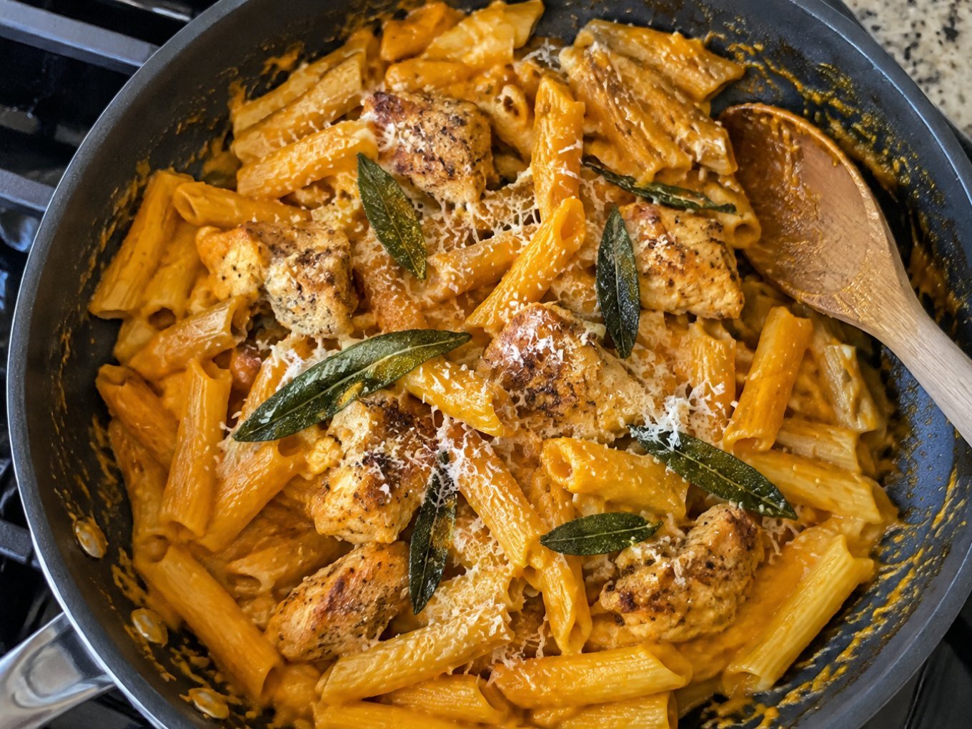 Pasta cremosa de calabaza y salvia con pollo dorado en sartén sobre la estufa, receta de pasta saludable y fácil para cena de otoño