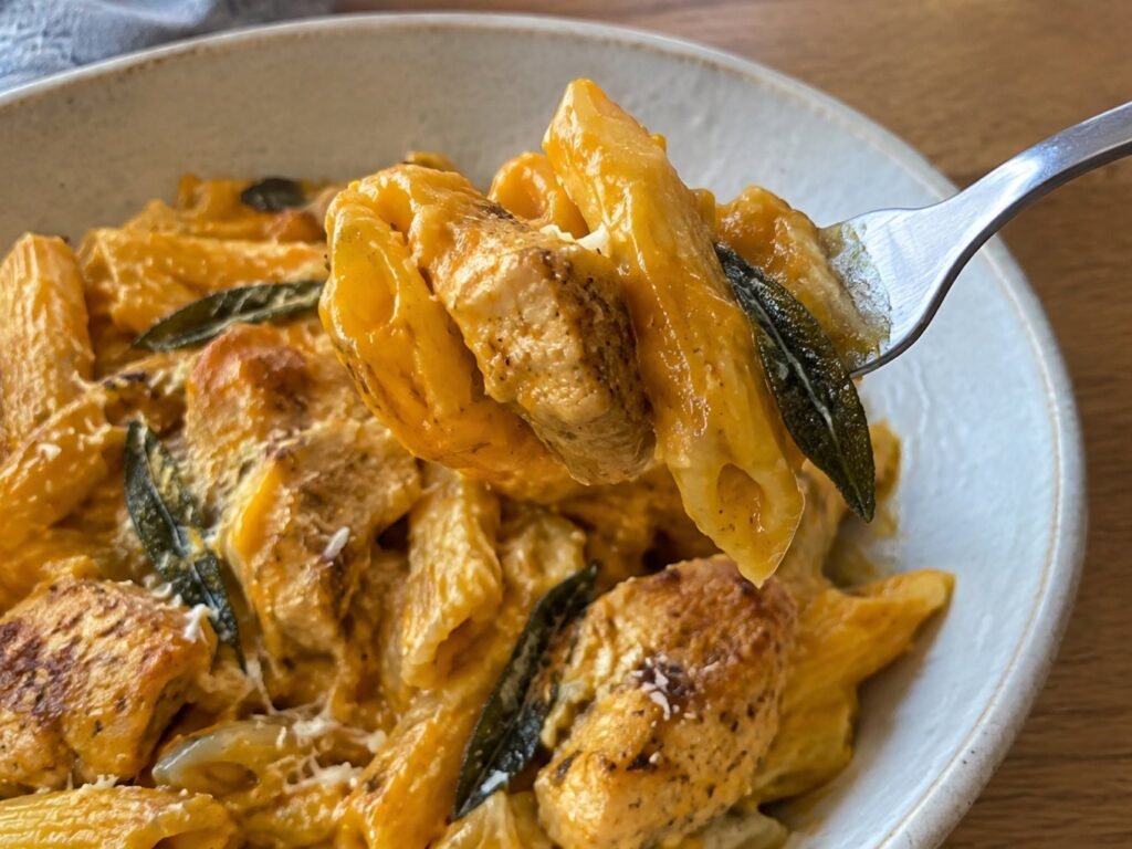 Tenedor enrollando pasta cremosa de calabaza con trozo de pollo, salsa naranja brillante sin crema, pasta saludable alta en proteína