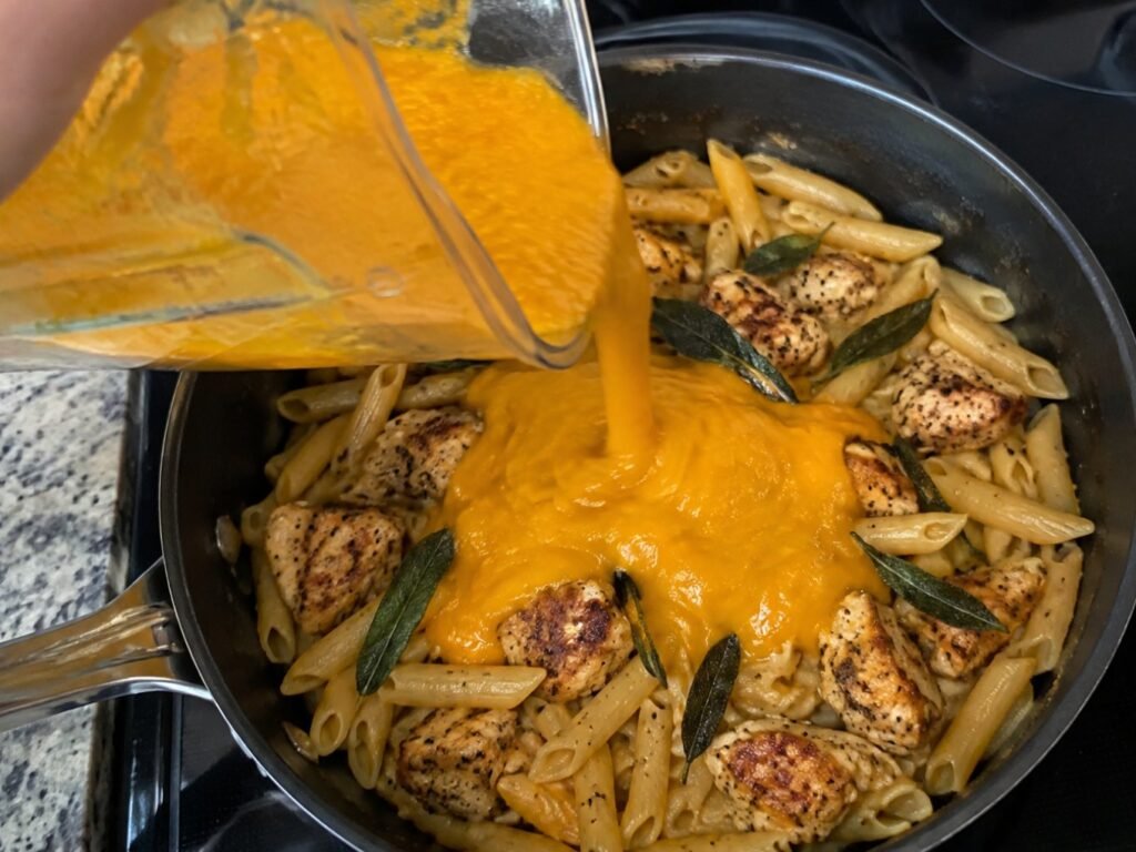 Mano vertiendo salsa licuada de calabaza en sartén con pasta y pollo dorado, paso a paso de pasta cremosa de calabaza sin crema