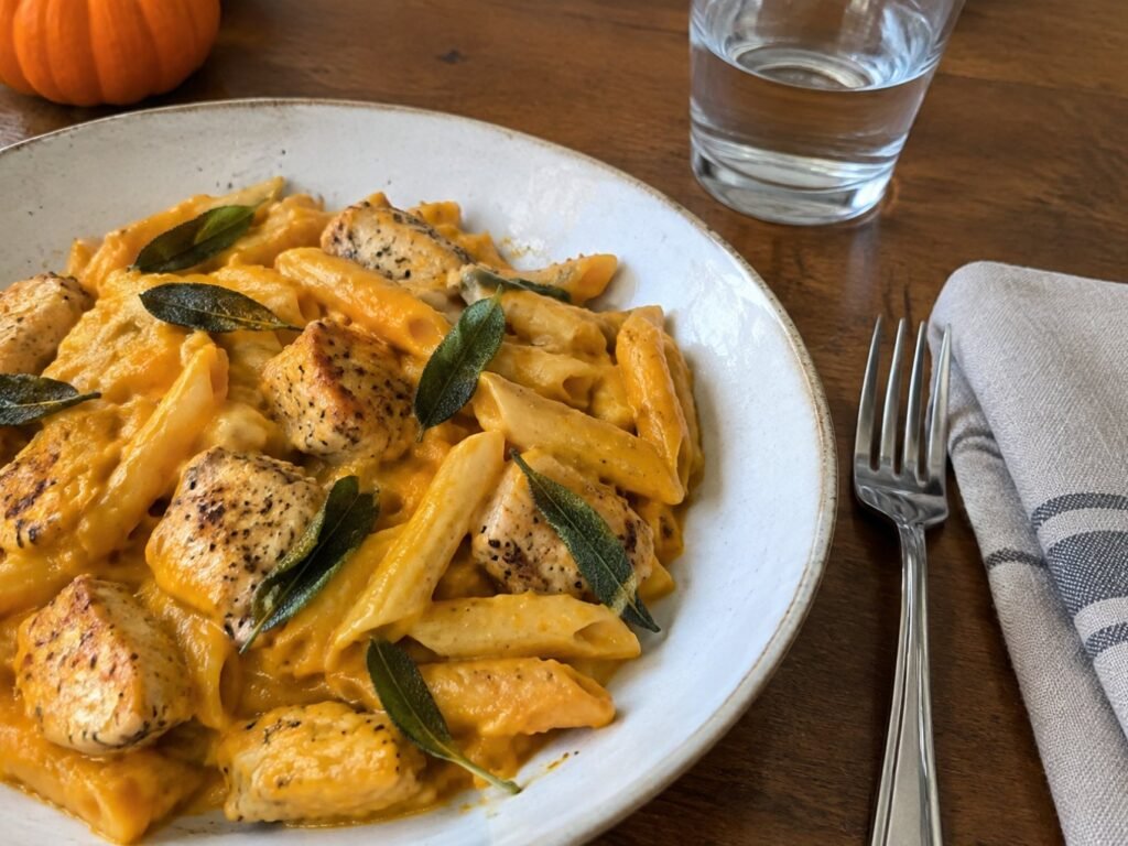 Plato de pasta de calabaza y salvia con pollo servido en mesa de madera, cena de otoño saludable y fácil en 25 minutos en casa