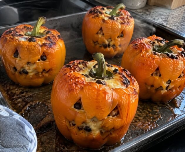 Pimientos naranjas tallados como calabaza, recién salidos del horno, rellenos de pavo y arroz con queso derretido para una cena de Halloween saludable
