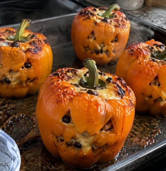 Pimientos naranjas tallados como calabaza, recién salidos del horno, rellenos de pavo y arroz con queso derretido para una cena de Halloween saludable