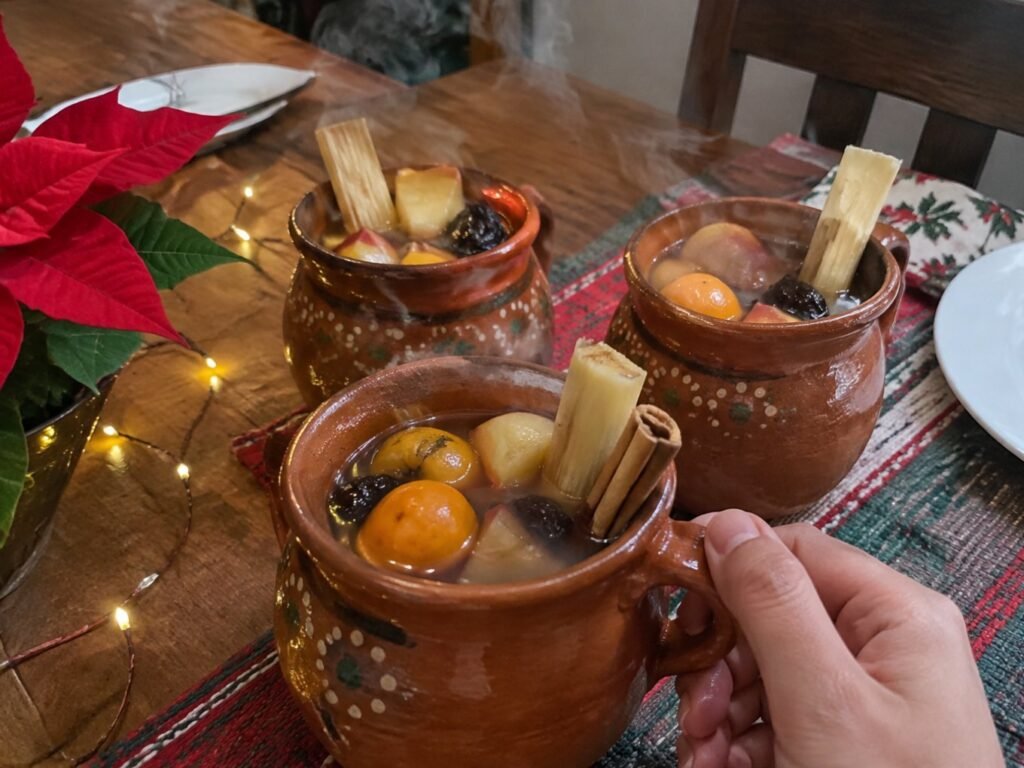 Jarritos de ponche navideño de frutas humeante en una mesa de posada con luces y nochebuena, bebida caliente saludable para compartir