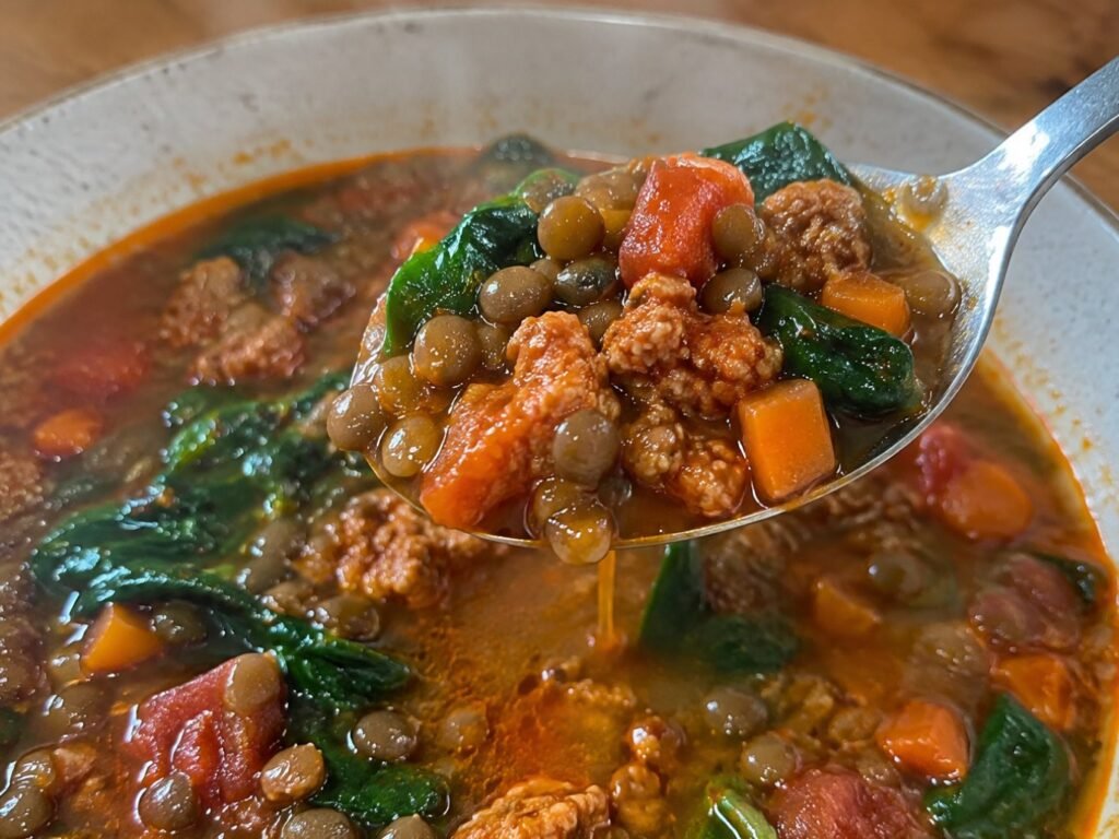 Cuchara con lentejas, chorizo de pavo y espinaca saliendo del plato de sopa caliente, sopa alta en proteína y económica