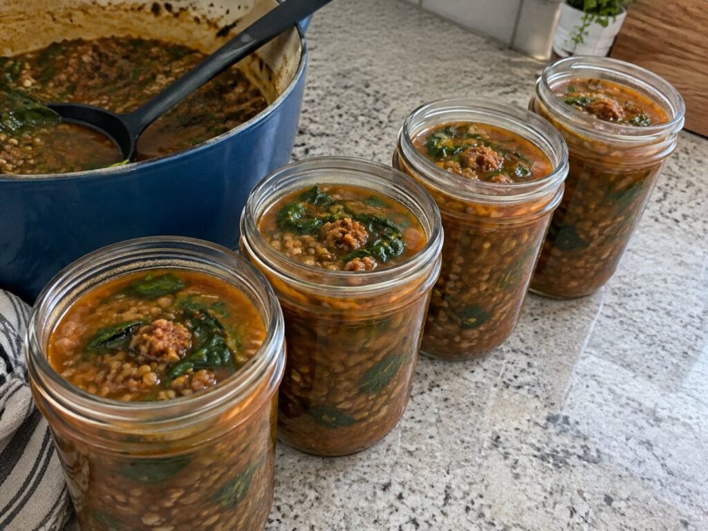 Frascos de vidrio con sopa de lentejas, chorizo de pavo y espinaca en la barra de la cocina, meal prep económico semanal