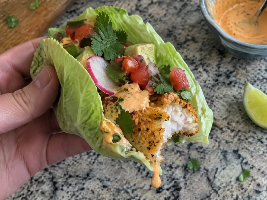 Mano sosteniendo un taco de pescado en hoja de col con una mordida, costra crujiente, aguacate cremoso y gota de salsa chipotle