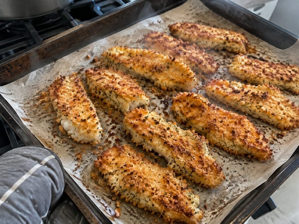 Charola con tiras de pescado empanizado con avena recién salidas del horno, doradas y crujientes, sobre la estufa de casa